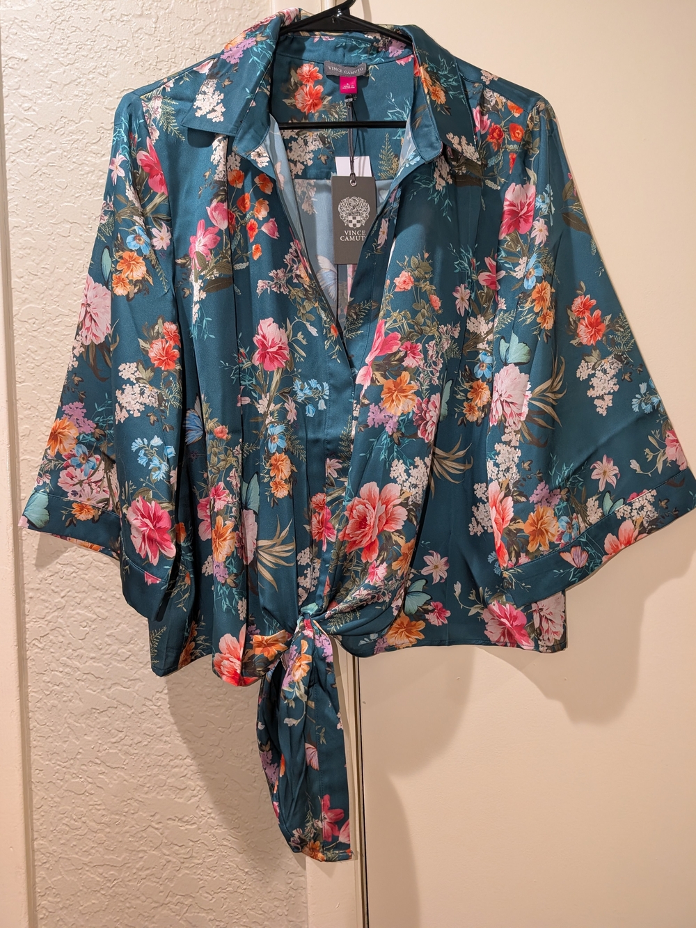 Vince Camuto Teal Floral Tie-Front Satin Button-Down